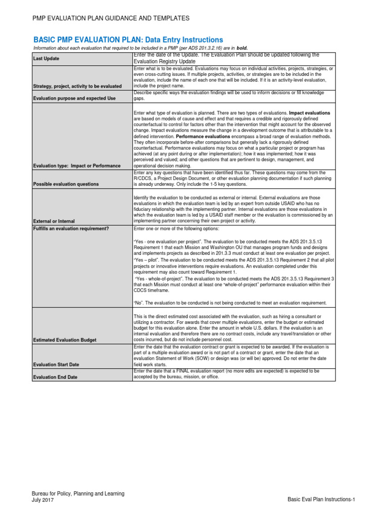 Evaluation Plan Templates - Basic and Expanded July 2017 PDF of Excel ...