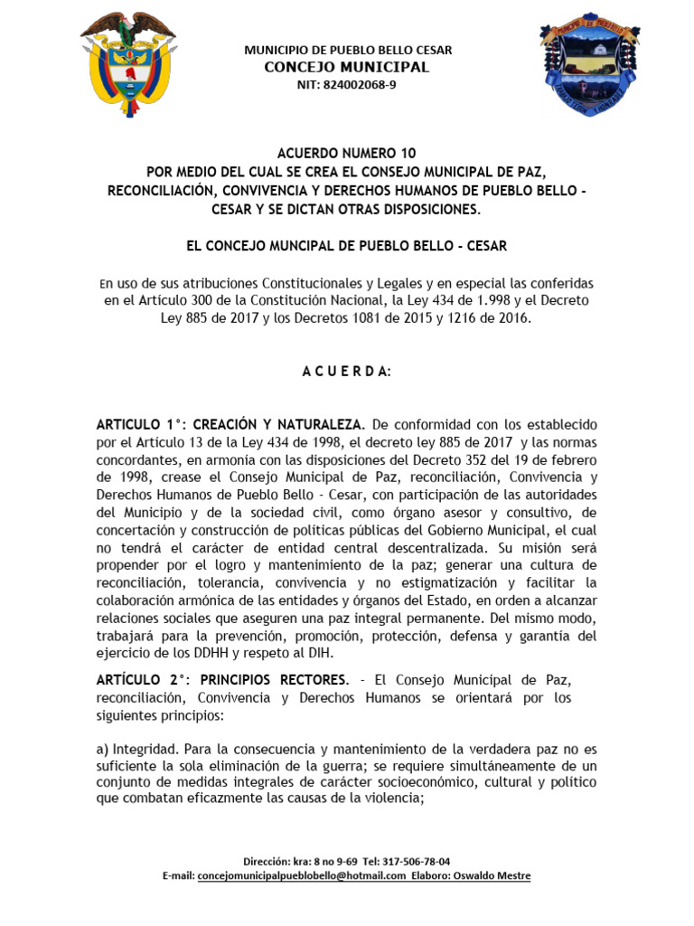 Creación del Consejo Municipal de Paz | PDF | Gobierno local | Derechos ...