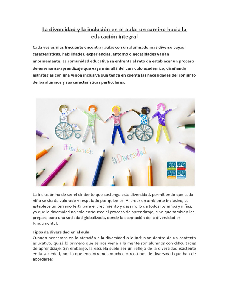 Diversidad e Inclusión en el Aula | PDF | Inclusión (Educación) | Enseñando