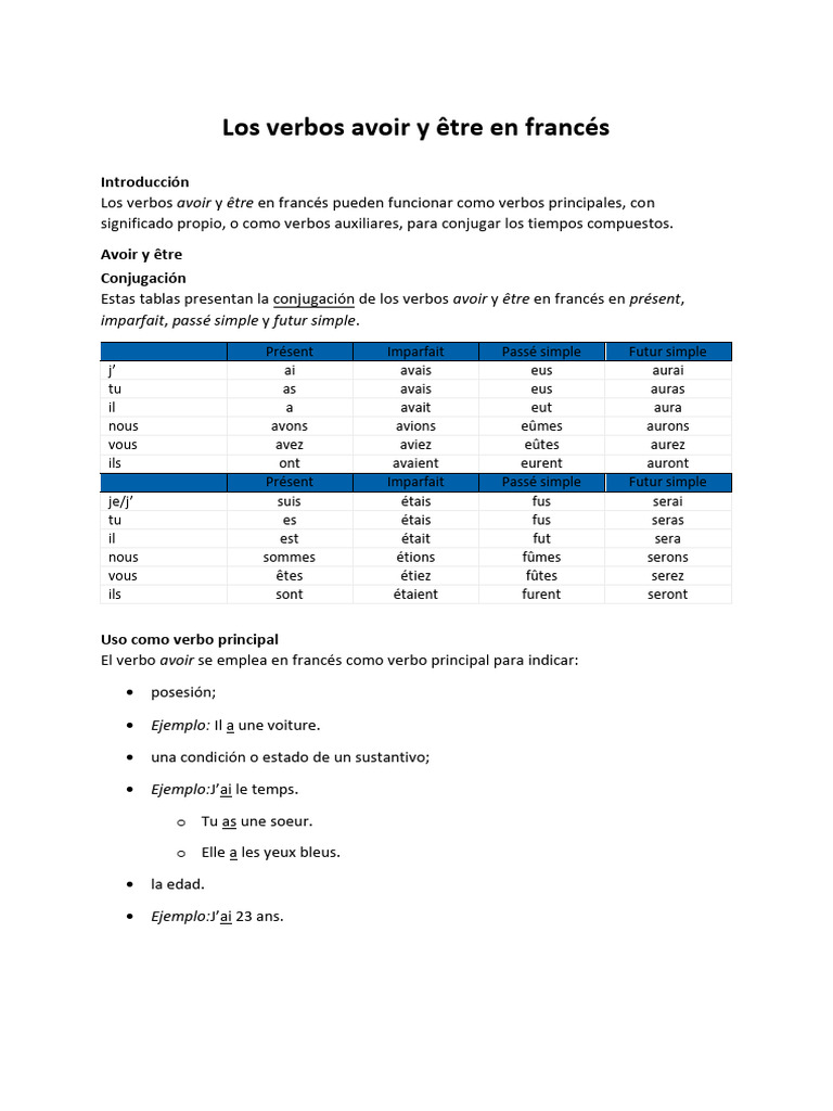 Conjugaison des verbes avoir et être | PDF
