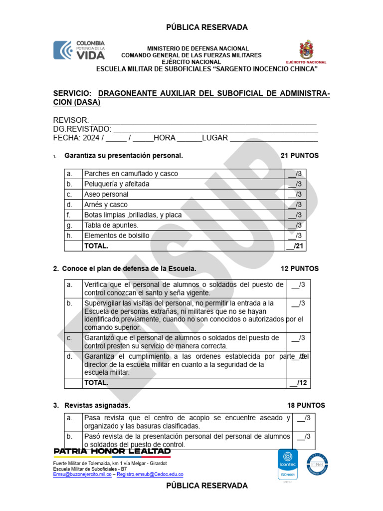 Evaluación del Servicio DASA en Escuela Militar | PDF | Militar
