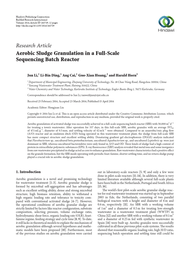 Research article aerobic sludge granulation in a full scale sequencing