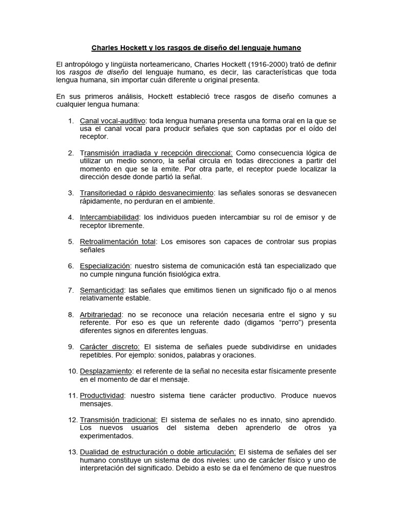 Rasgos del lenguaje según Hockett | PDF | Comunicación | Humano