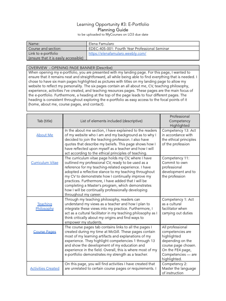 Lo3 Planning Guide Edec 405 w2024 1 | PDF | Teachers | Curriculum