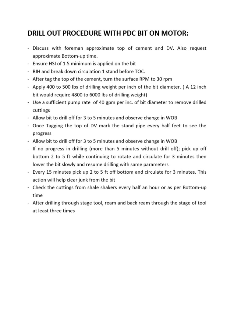 Drill Out Procedure With PDC Bit On Motor PDF