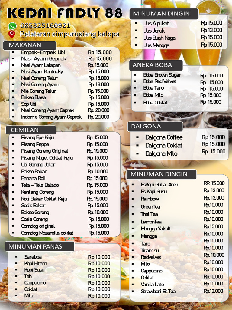 Menu Lengkap Kedai Kopi dan Makanan | PDF