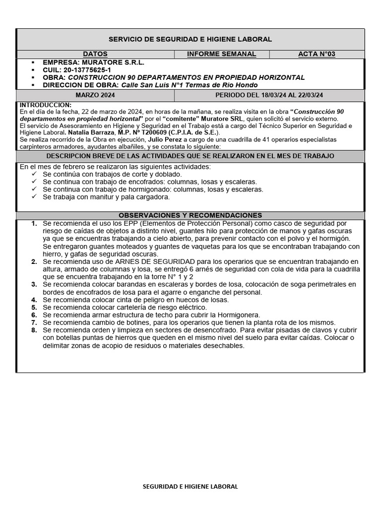 Informe Semanal de Seguridad Laboral | PDF | Hogar, jardinería y ...
