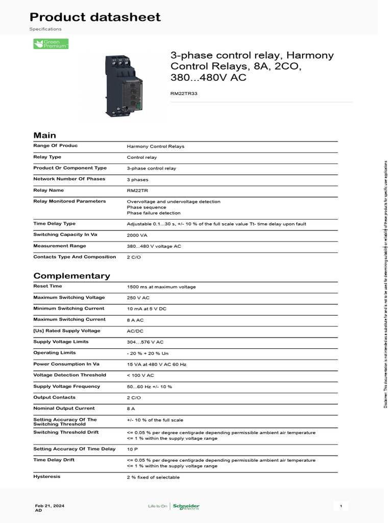RM22TR33 3-Phase Control Relay Specs | PDF | Relay | Alternating Current