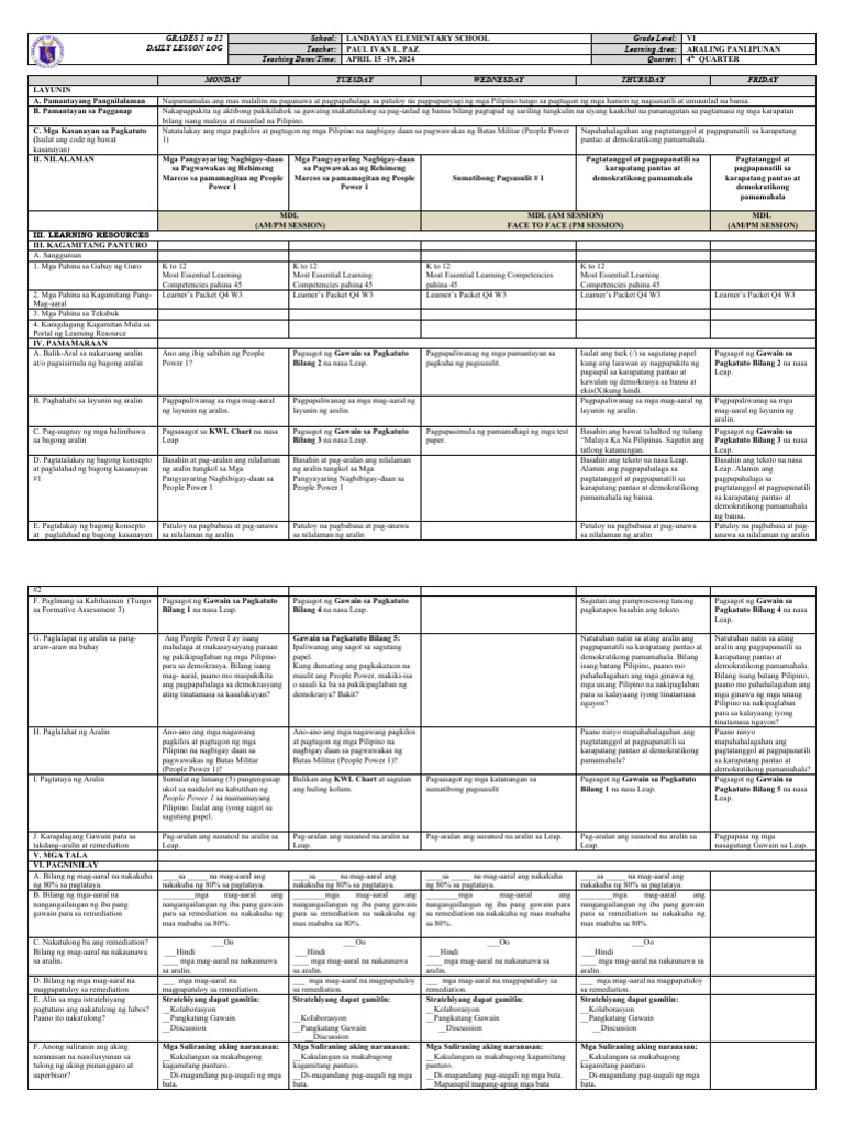 GRADES 1 To 12 Daily Lesson Log School: Grade Level: Teacher: Learning ...