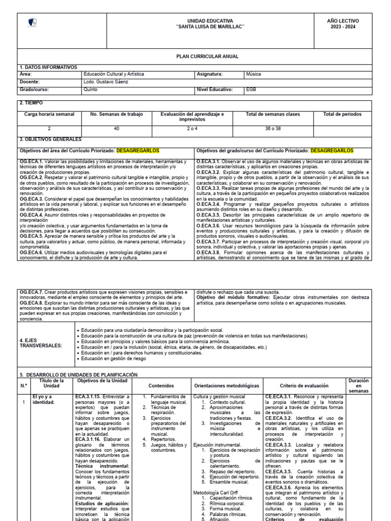 Plan Curricular Anual PCA 5 EGB | PDF | Ritmo | Plan de estudios