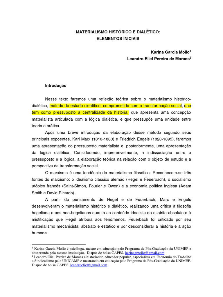 O Materialismo Histórico E Dialético Elementos Iniciais 1 Pdf