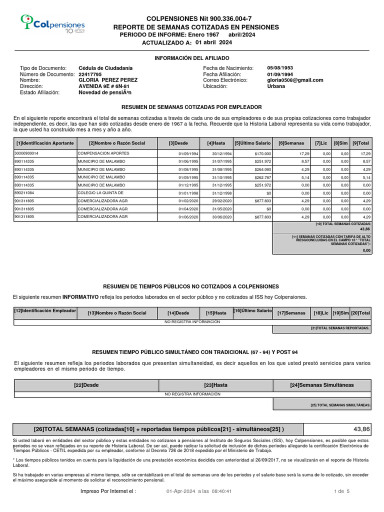 Semanas Cotizada de Gloria Perez PDF Pensión Salario