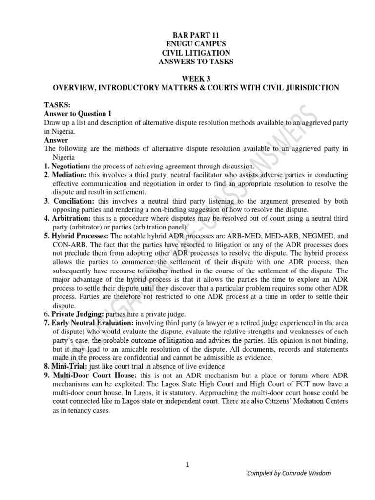 Civil Litigation Pre-Class Answers | PDF | Alternative Dispute ...