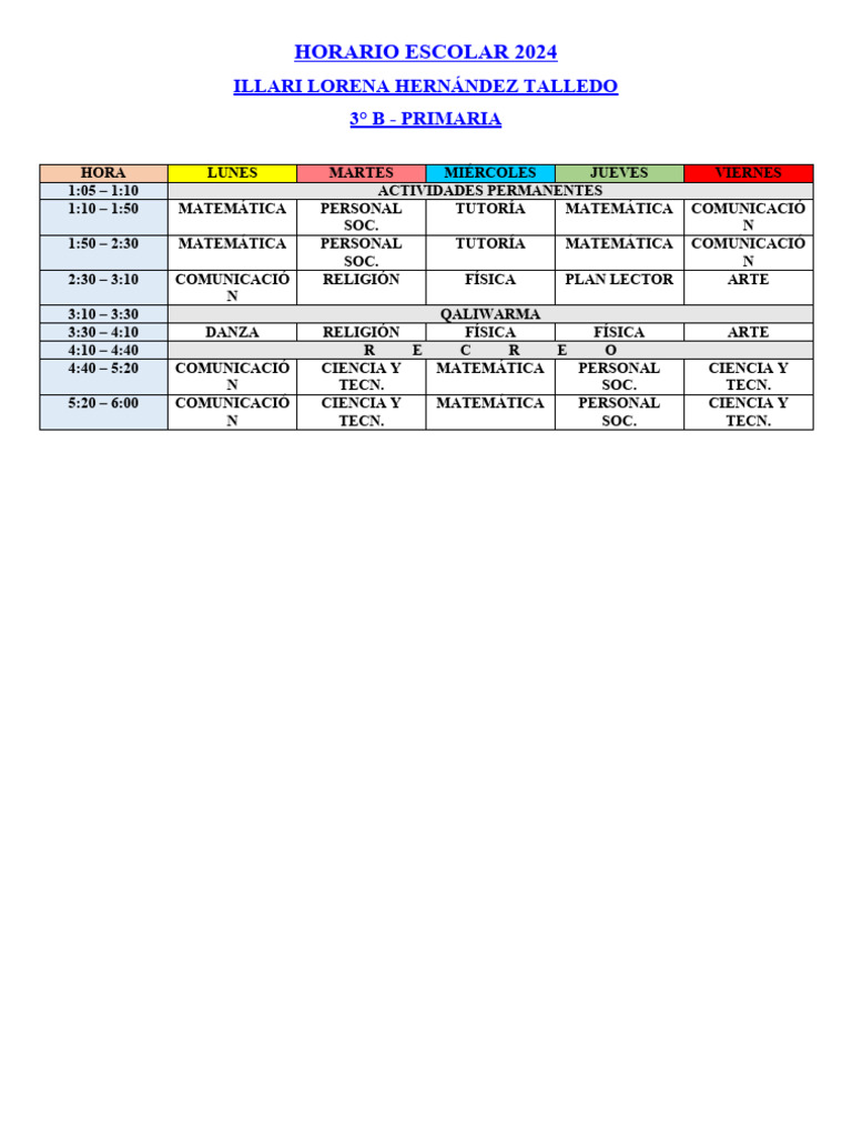 Horario Escolar 2024 - Illari | PDF | Ciencias sociales | Filosofía