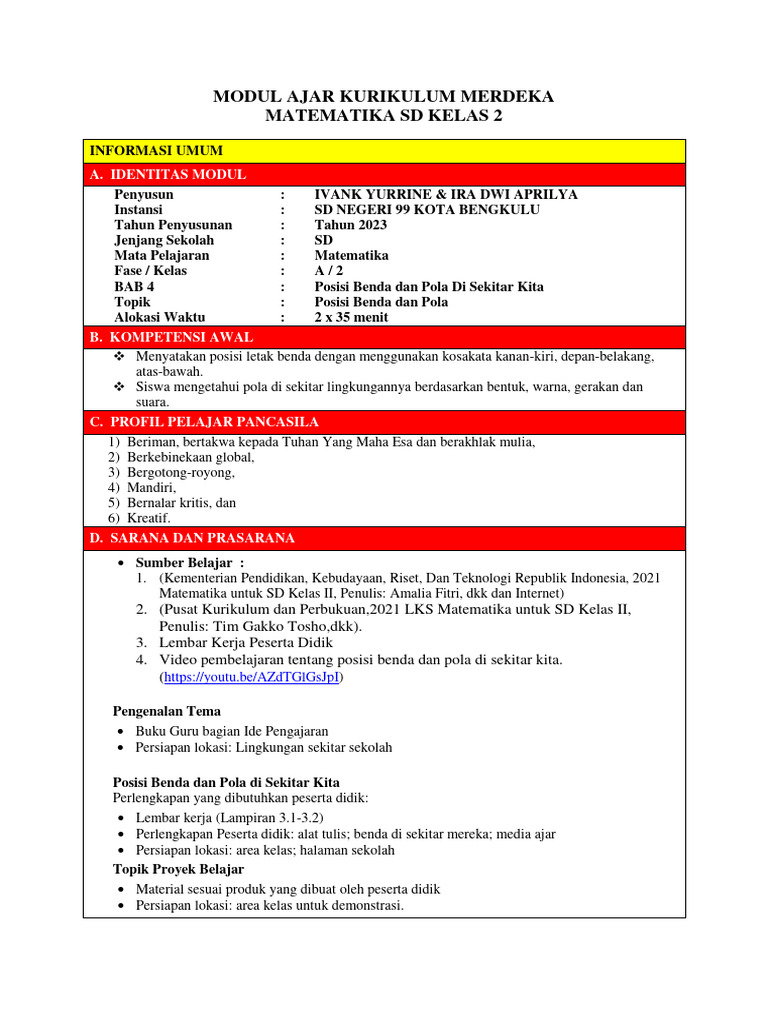 Modul Ajar Posisi Benda Kelas 2 SD | PDF | Karier & Perkembangan ...