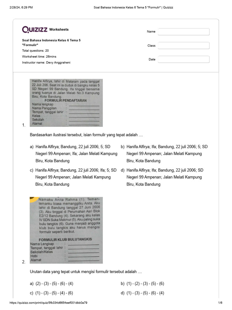 Soal Formulir Bahasa Indonesia Kelas 6 | PDF