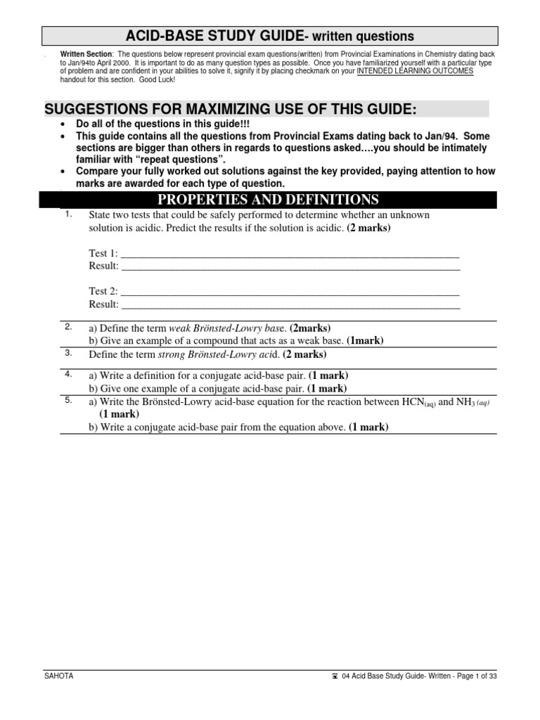 Acid-Base Chemistry Study Guide | PDF | Acid | Ph