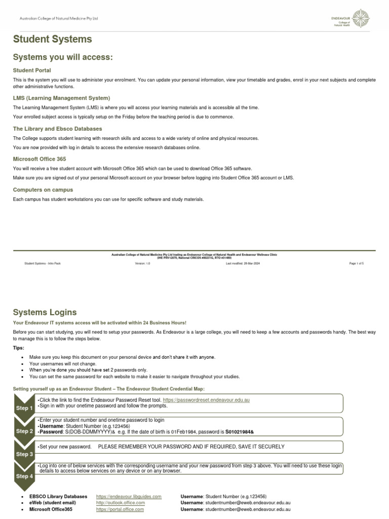Endeavour+Student+Systems+ +Introduction+Pack | PDF | Login | Password