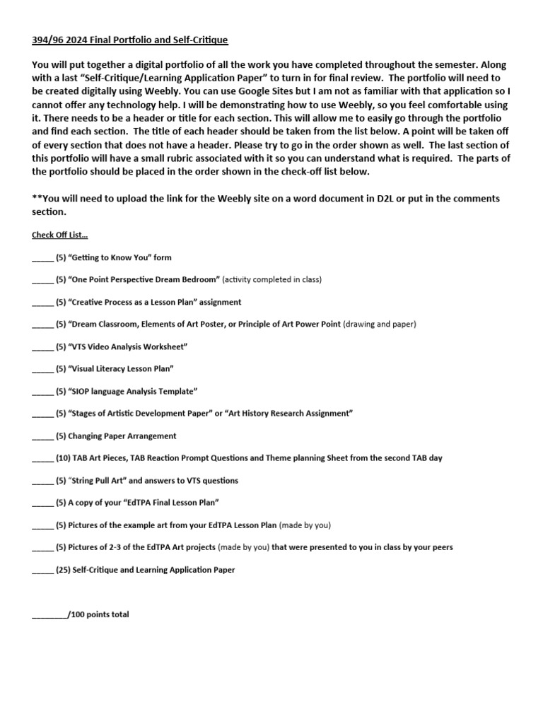 Final Art Portfolio & Self-Critique Guide | PDF | Lesson Plan | Teachers