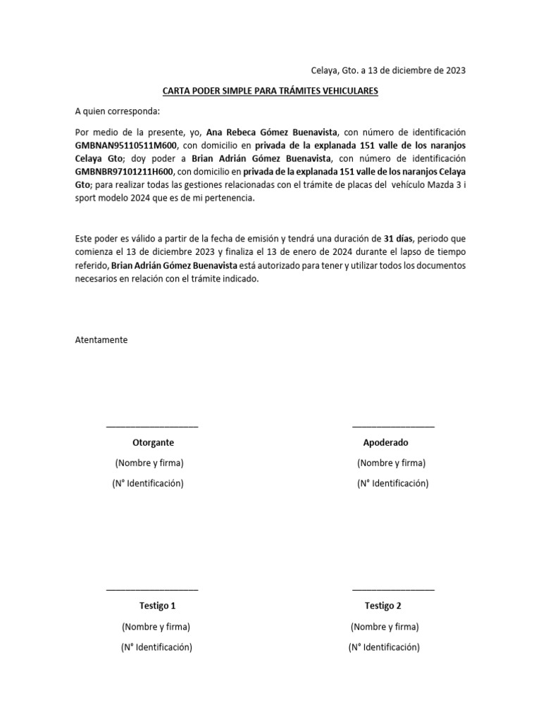 carta poder vehicular | PDF