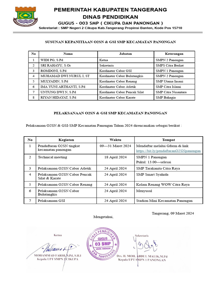 Pemberitahuan O2sn SMP Kec. Panongan | PDF