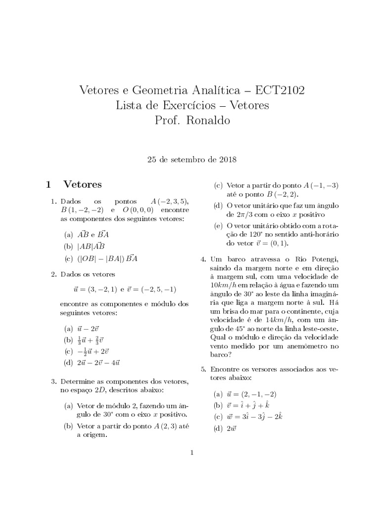 Exercícios sobre Vetores e Geometria | PDF | Vetor euclidiano | Torque