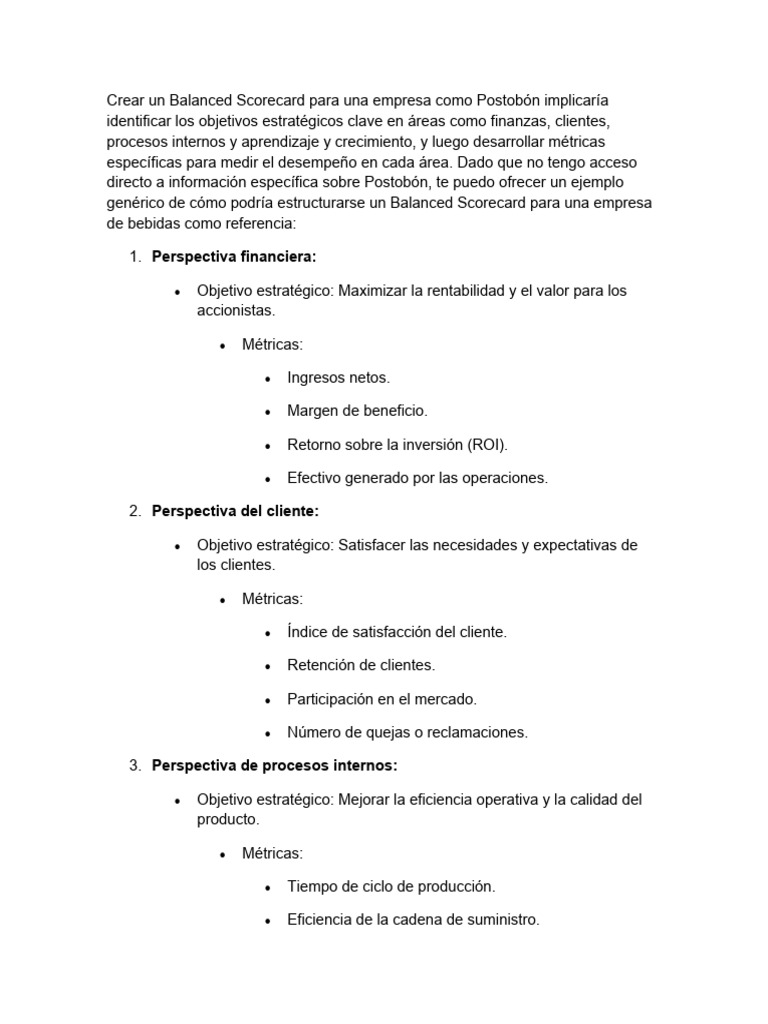 Balanced Scorecard para Postobón | PDF | Business | Calidad (comercial)