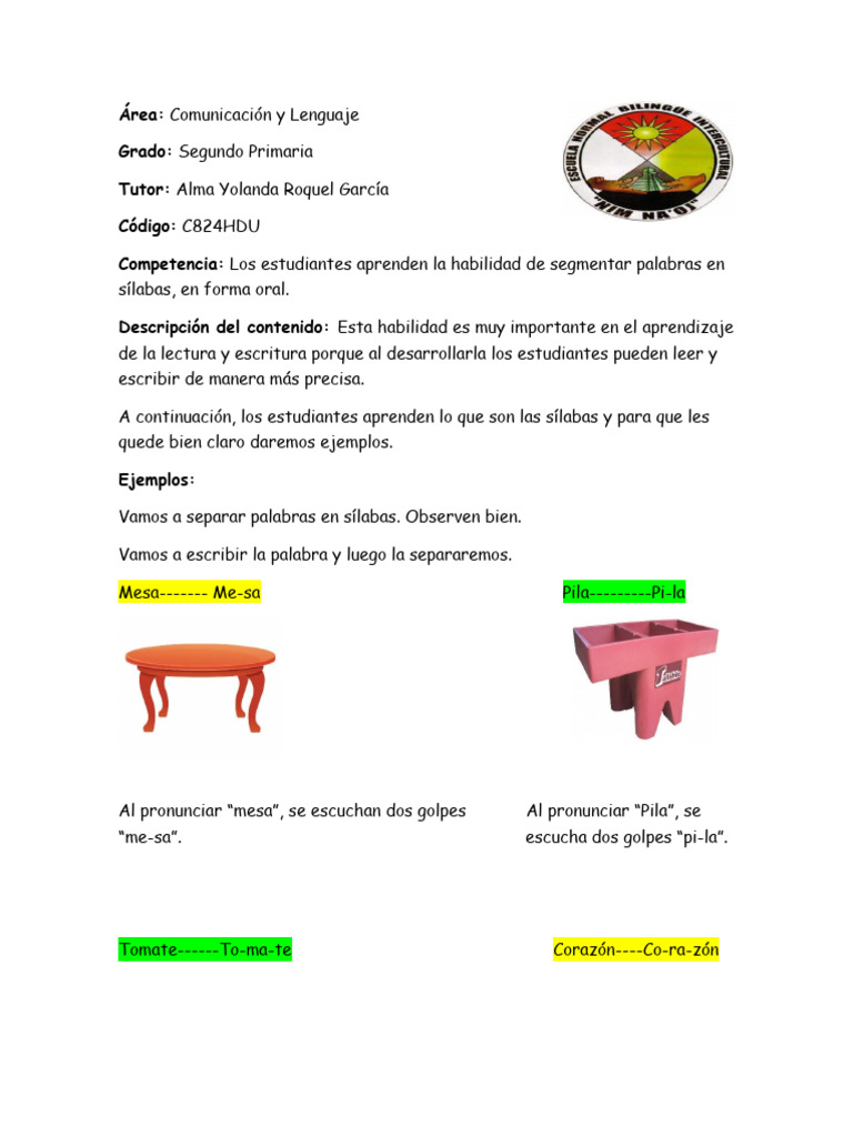 Segmentación de Sílabas en Primaria | PDF | Artes del Lenguaje y ...
