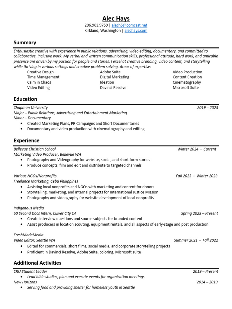 Resume alec hays pdf editing entertainment