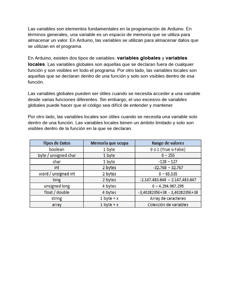 VARIABLES ARDUINO | PDF