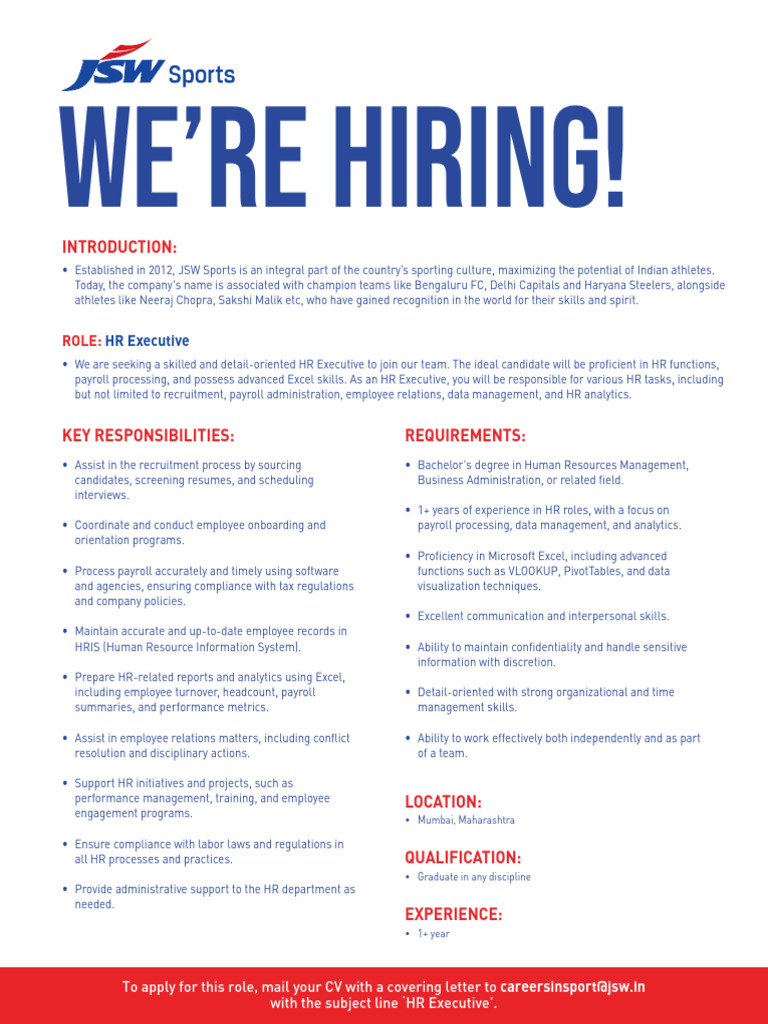 JSW Sports - HR Executive | PDF | Human Resources | Human Resource ...