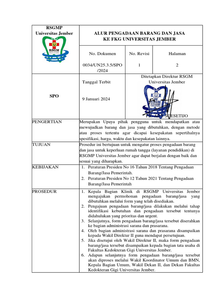 Spo Alur Pengadaan Barang Dan Jasa FKG 2024 | PDF