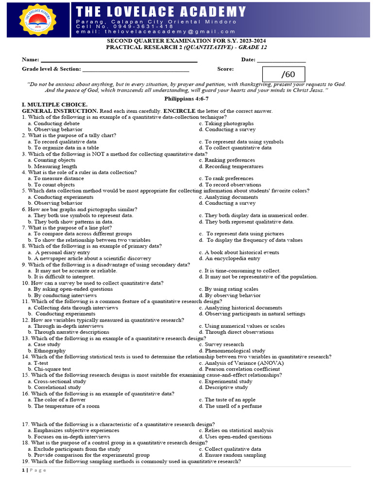 Grade 12 Practical Research Exam Q2 2023-2024 | PDF | Quantitative ...