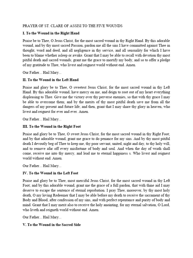 Prayer of Saint Clare To The Five Wounds of Jesus | PDF | Lord's Prayer ...