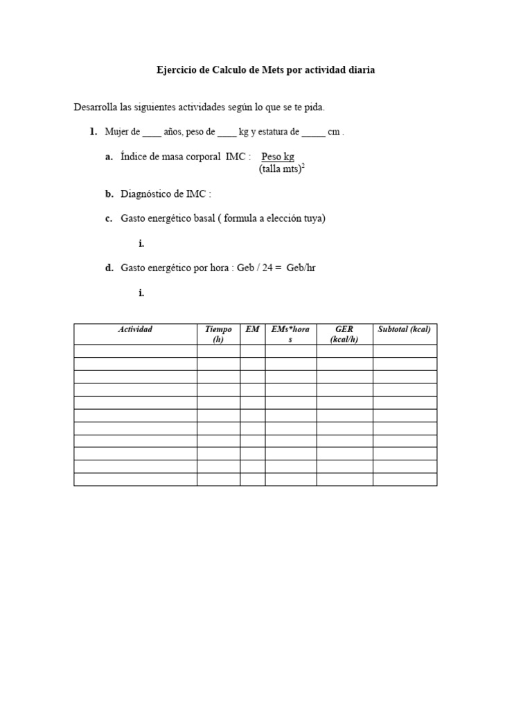 Ejercicio de Calculo de Mets Por Actividad Diaria | PDF