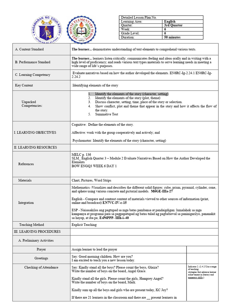 Grade 6 English Lesson Plan: Story Elements | PDF | Learning | Literacy