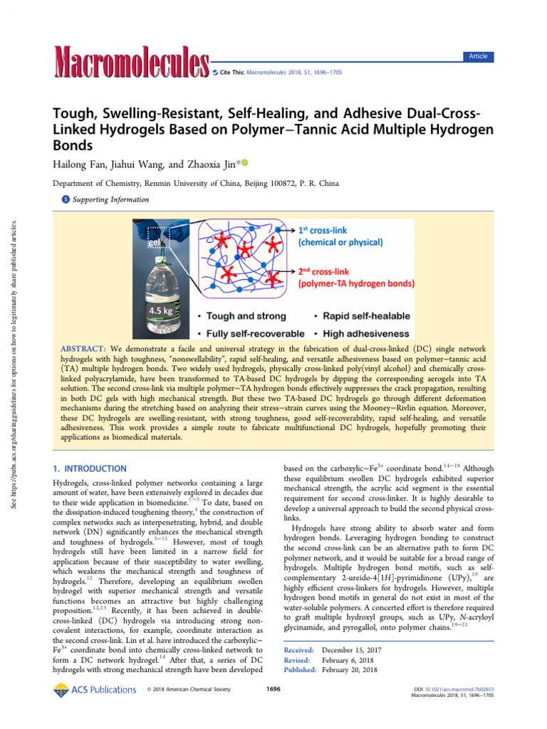 Fan Et Al 2018 Tough Swelling Resistant Self Healing and Adhesive Dual ...