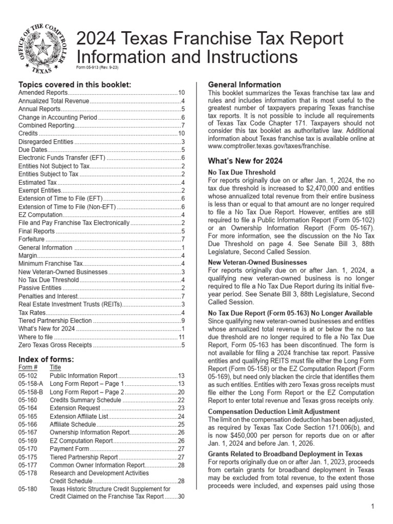 2024 Texas Franchise Tax Report Information and Instructions PDF