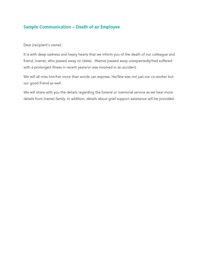 Sample Communication Employee Death | PDF