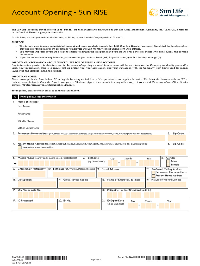 Sun RISE Account Opening Form | PDF | Investing | Stocks