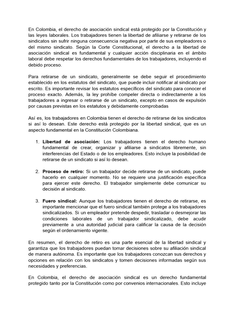 Derecho de Retiro Sindical en Colombia | PDF | Sindicato | Derecho laboral