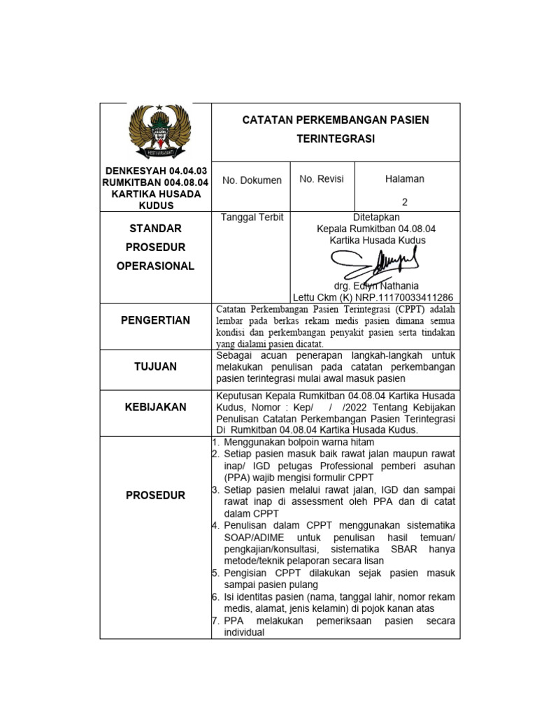 Prosedur Penulisan CPPT Pasien | PDF