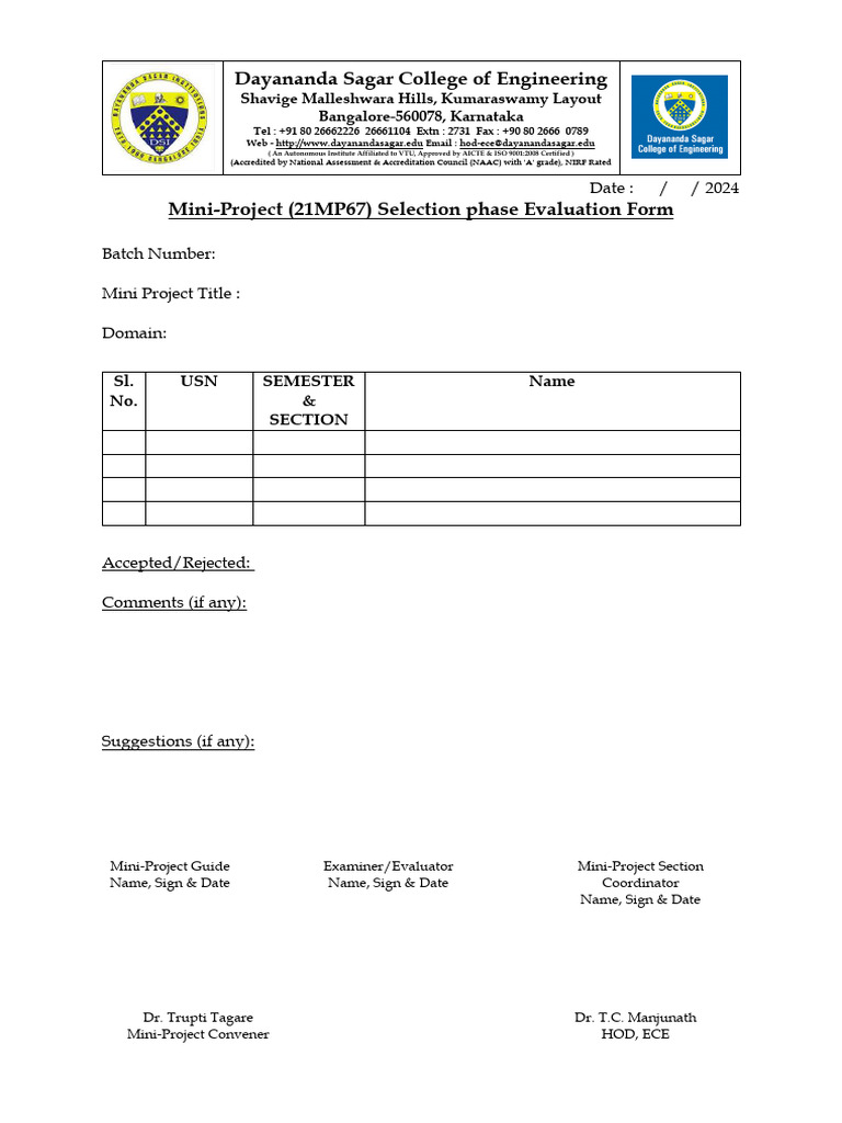 Mini Project Selection Phase - Evaluation Form | PDF
