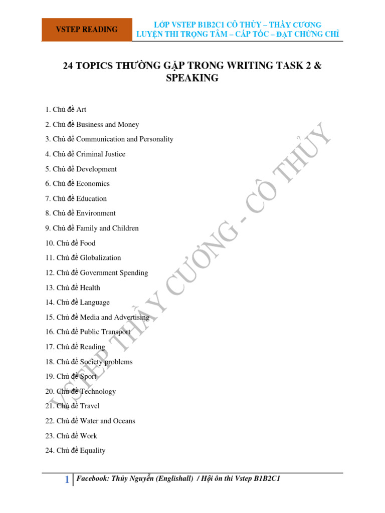 24 TOPICS THƯỜNG GẶP TRONG WRITING TASK 2 | PDF | Communication ...