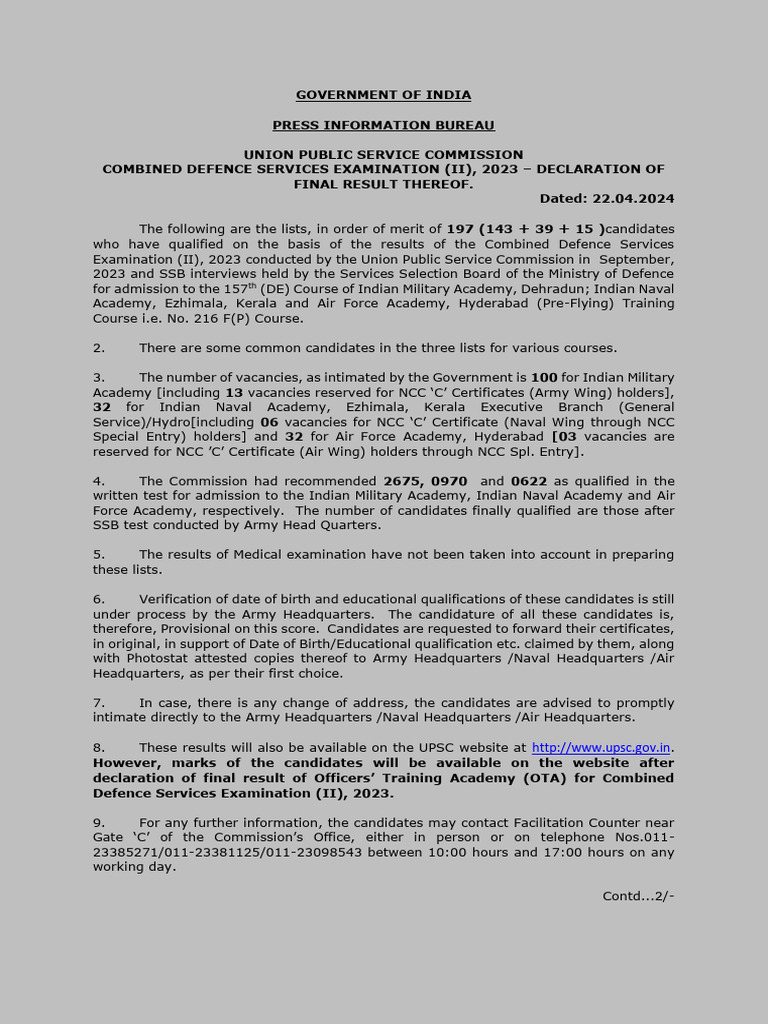 CDS Exam II 2023 Final Results Declared | PDF | Military Education And ...