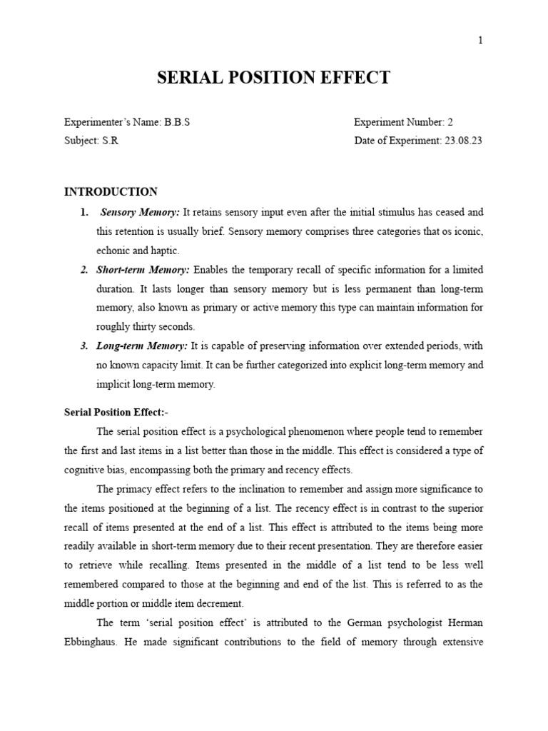 EXPERIMENT 2 Serial Position Effect PDF Psychology Psychological Concepts