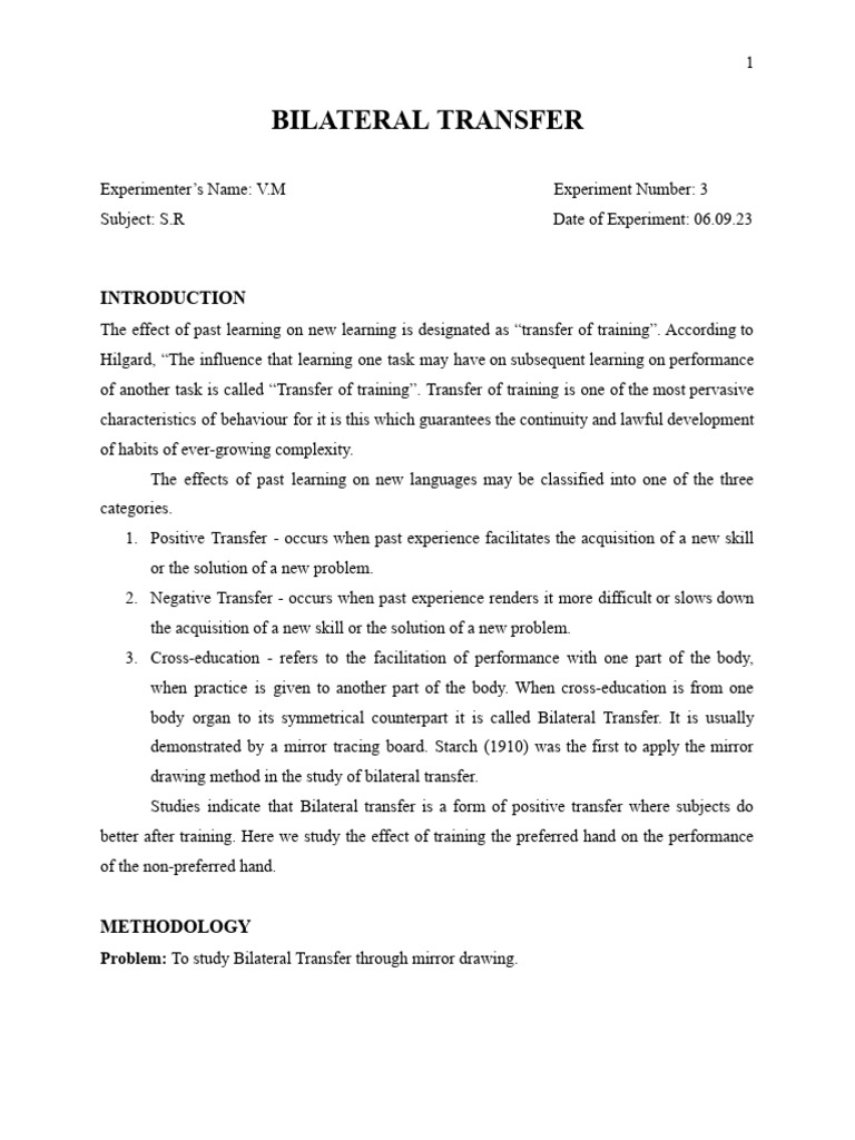 Bilateral Transfer in Mirror Drawing Experiment | PDF