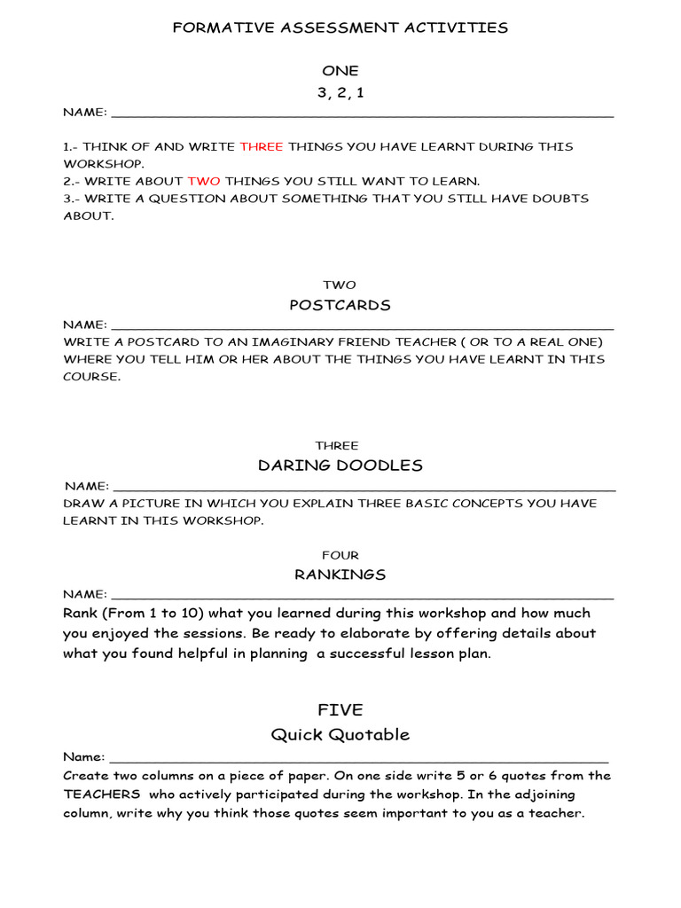 Formative Assessment Activities Guide | PDF
