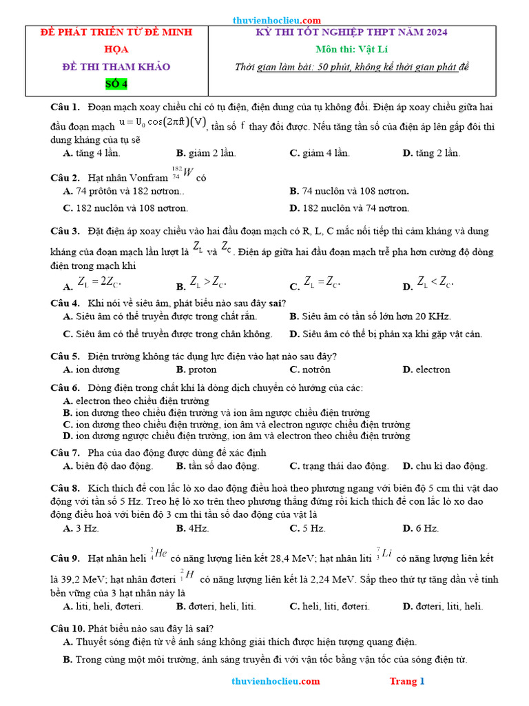 De Thi Thu TN THPT 2024 Vat Li Phat Trien Tu de Minh Hoa de 4 | PDF