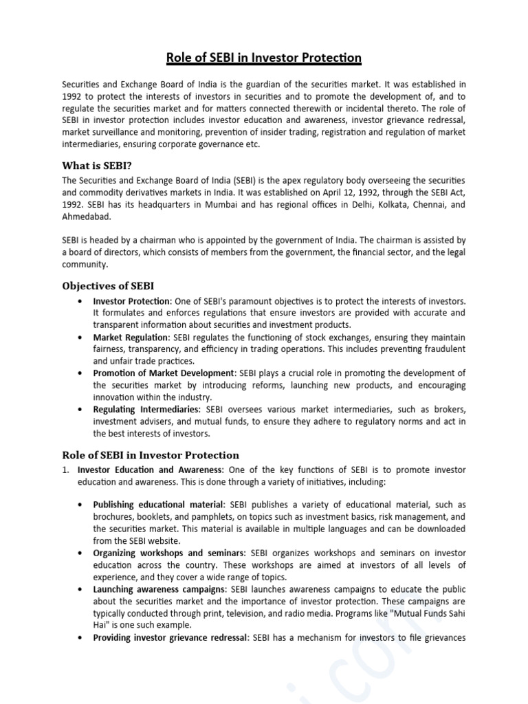 Role of SEBI in Investor Protection | PDF | Insider Trading ...
